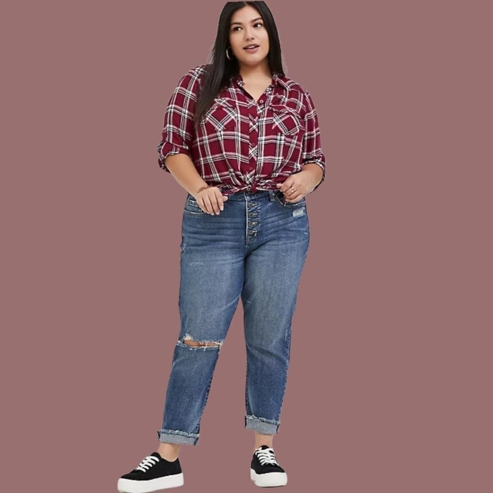  Torrid Plus Size New Burgundy Plaid Twill Tie Front Midi Shirt. - Picture 6 of 10